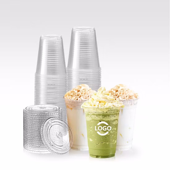 Taza de plástico desechable transparente con tapa, transparente, impresa, personalizada, respetuosa con el medio ambiente, 12, 16, 20, 24 PP, 32oz